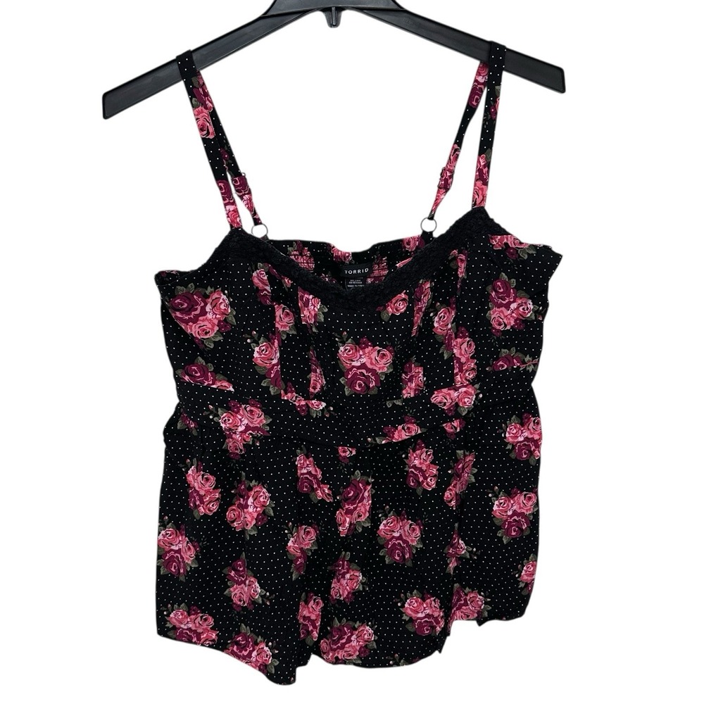 Torrid Women's Size 3X Tank Top Rose Floral Lightweight Layered Black White Dots
